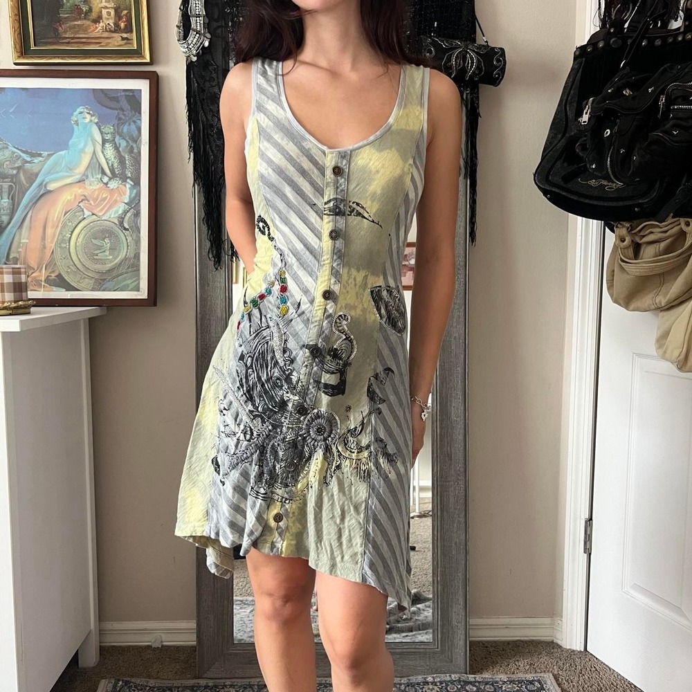 Tricotto Euro Grey Yellow Striped Beaded Embroidered Y2K Dress Small